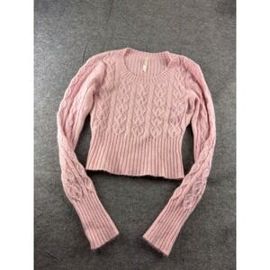 LILU Pink Cable Knit Angora Wool Blend Cropped Sweater Womens L Preppy Coquette